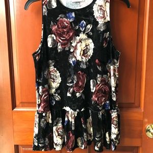 Black Velour Floral Peplum Tank Top